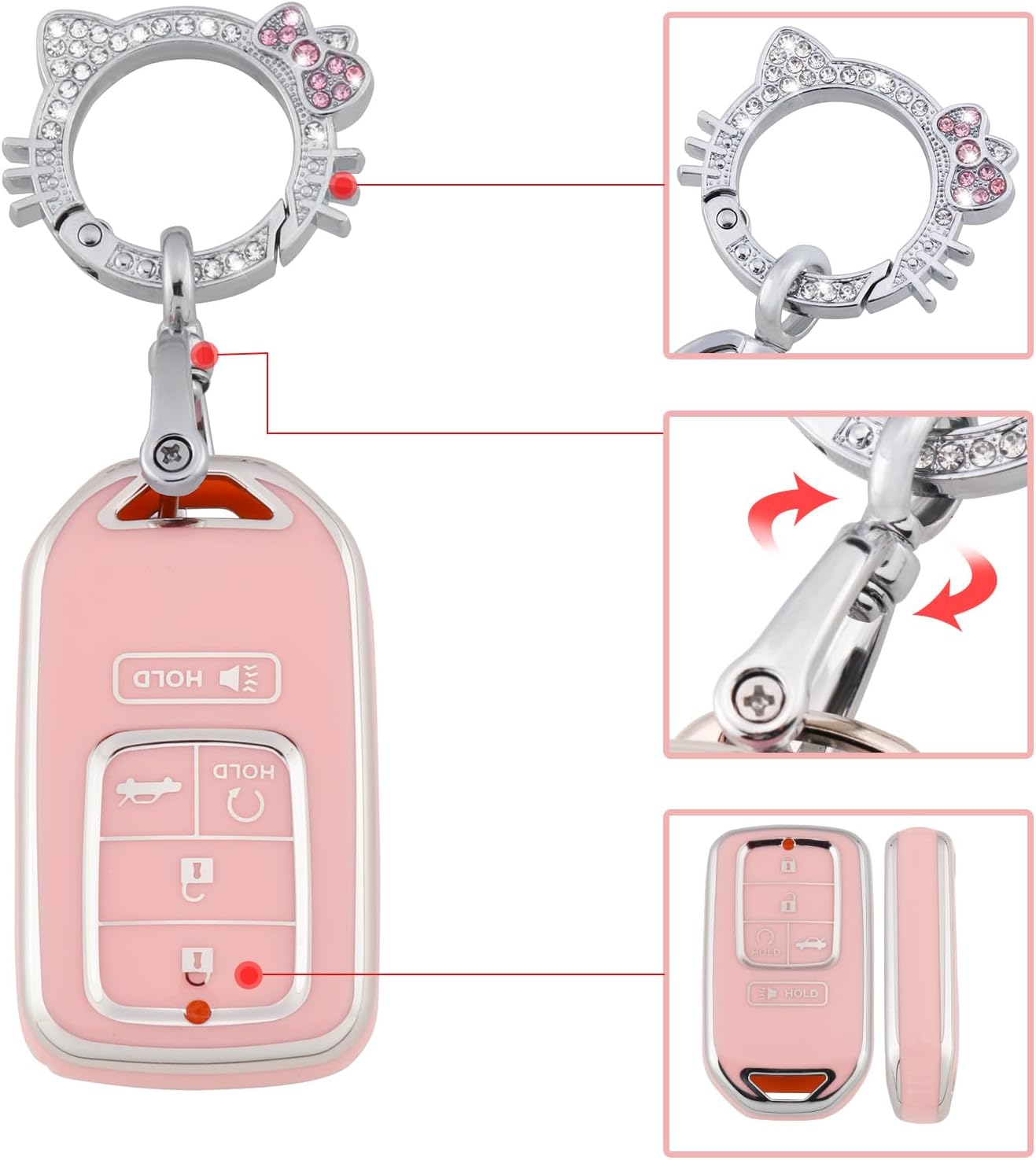 Funda de llavero rosa para Honda, funda de TPU suave con llavero brillante para Honda Accord Civic CRV Pilot Odyssey Smart Key Holder