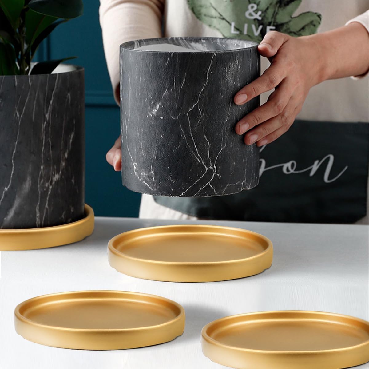 SLOHJAL 2 platillos de cerámica redondos para plantas, bandeja de goteo para interiores y exteriores, jardín, flores, goteos de agua y tierra