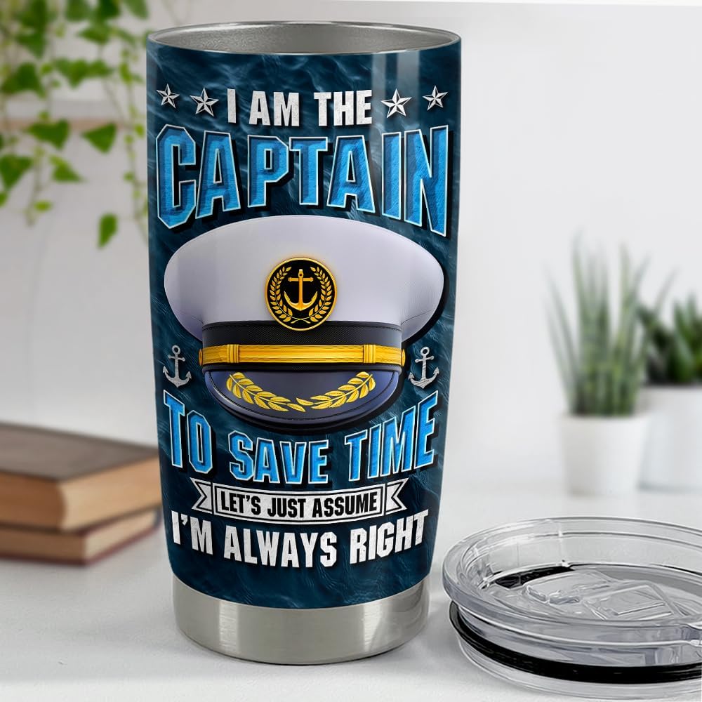 SANDJEST Vaso de capitán de 20 onzas, regalos para hombres, barcos, propietarios de barcos, vasos aislados de acero inoxidable, taza de café, taza