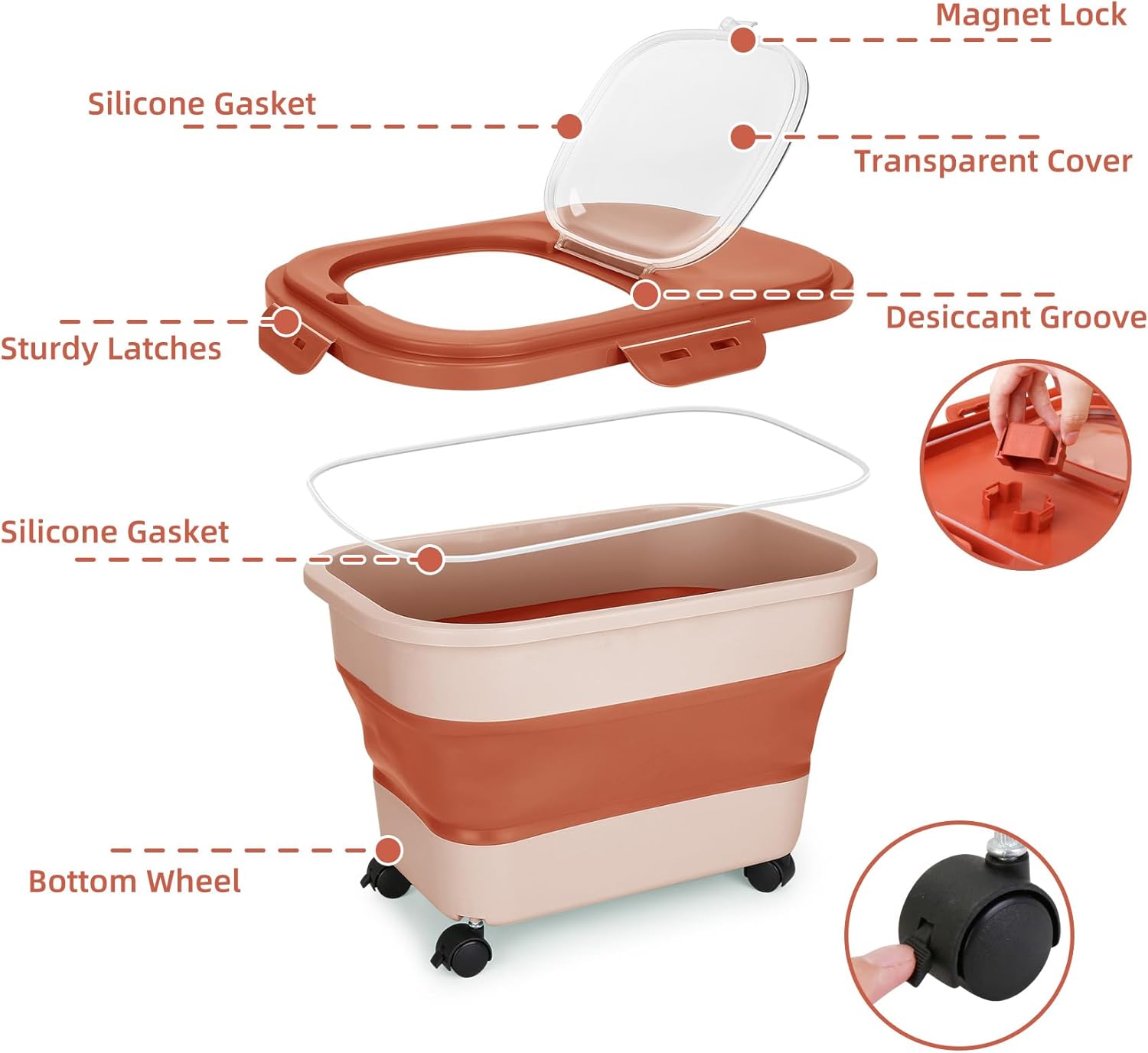 ShineMe Contenedor plegable de comida para perros de 20 libras, caja de almacenamiento de alimentos para mascotas con tapa y ruedas, taza medidora y