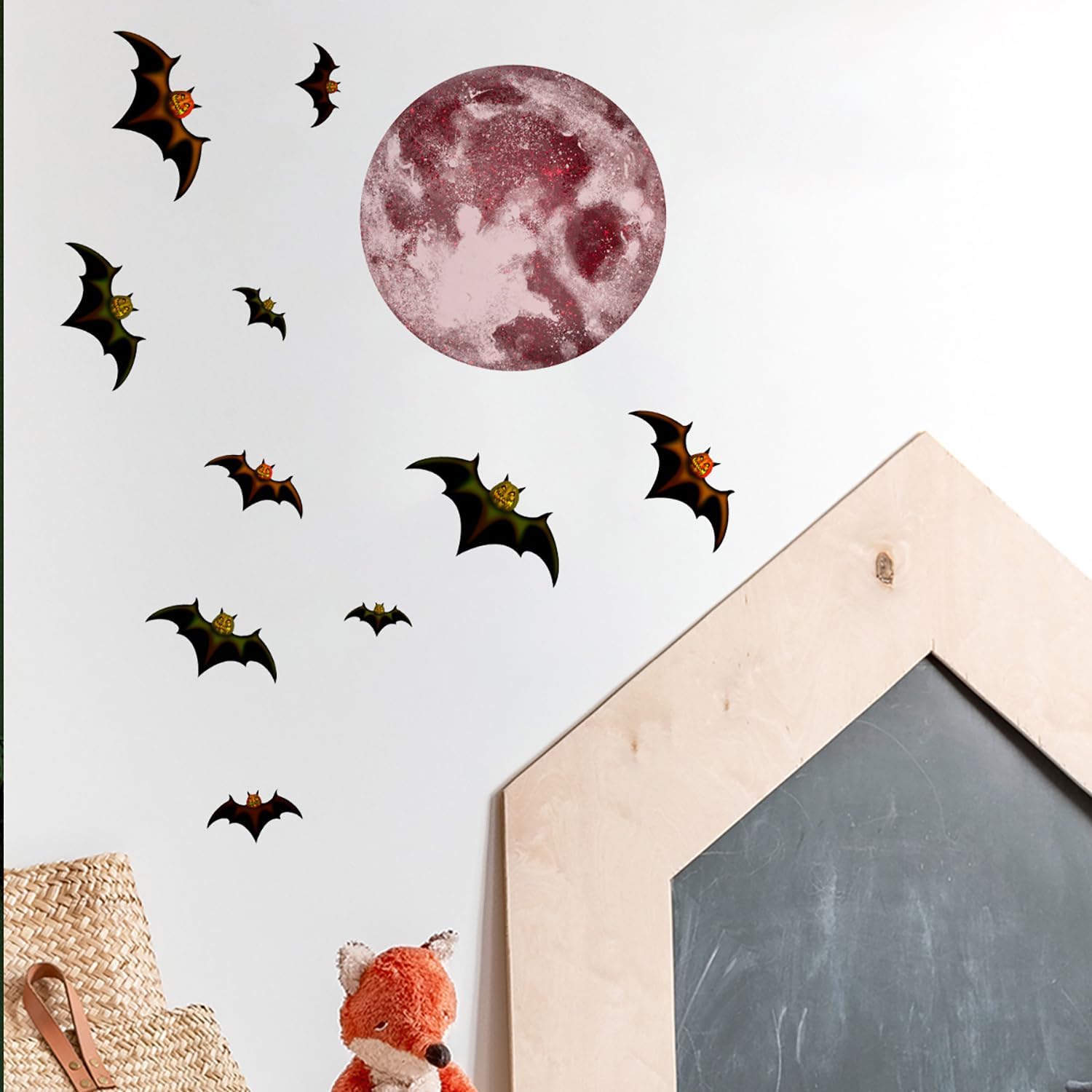 Calcomanías de pared de Halloween que brillan en la oscuridad, calcomanías luminosas de murciélago de luna, calcomanías de pared de Halloween, lindo