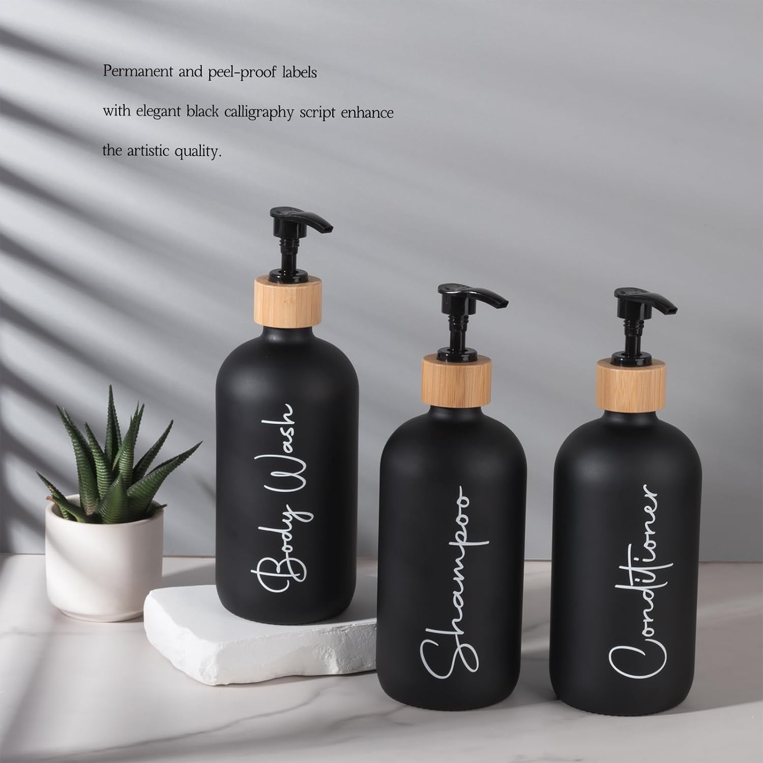 Botellas de bomba de champú y acondicionador de 17 onzas, dispensador de jabón, cabezal de bomba de bambú, vidrio vacío, recargable, champú,