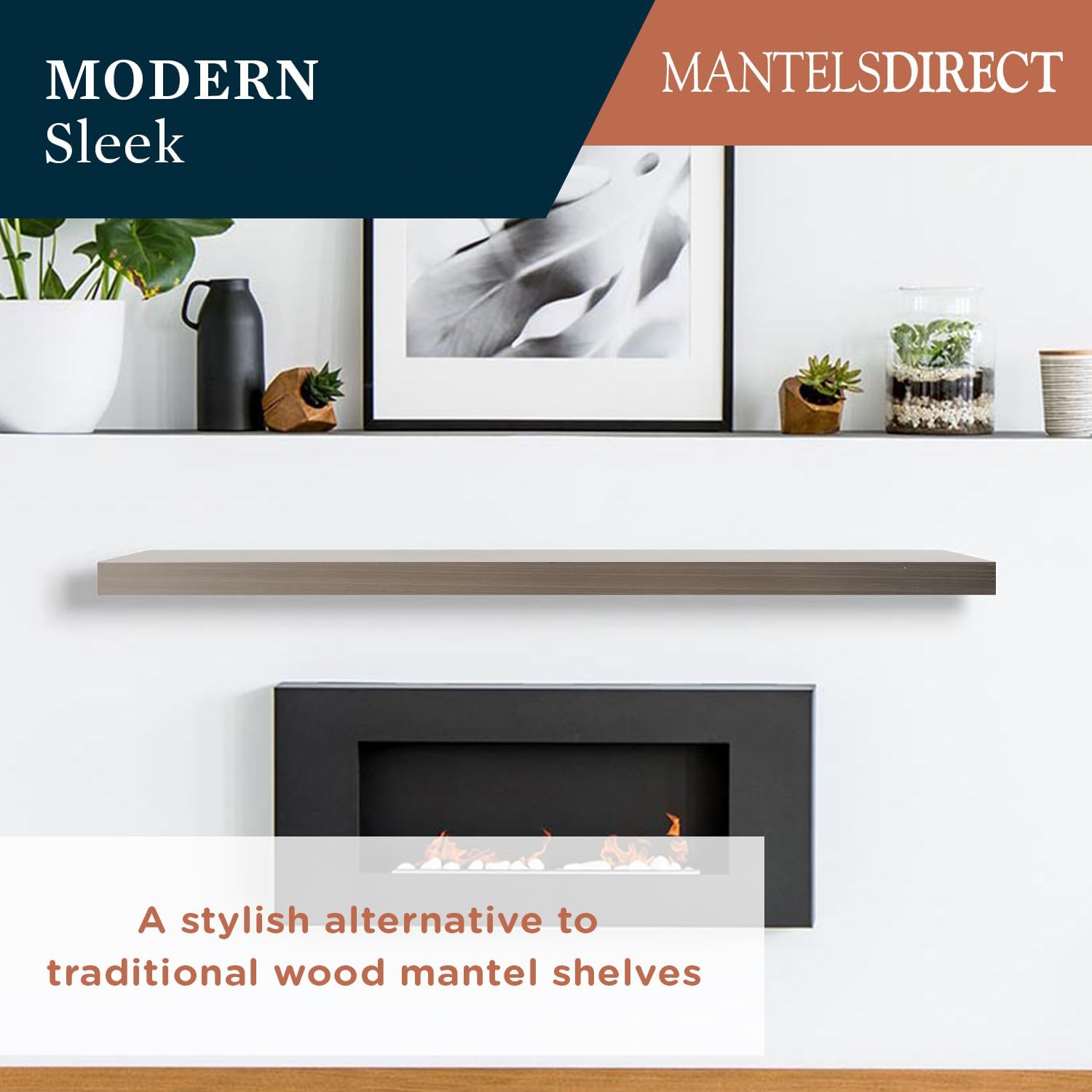 MANTELSDIRECT Titus – Estante de metal de acero inoxidable para repisa, acabado cepillado de 68 pulgadas, hermoso estante moderno, perfecto para