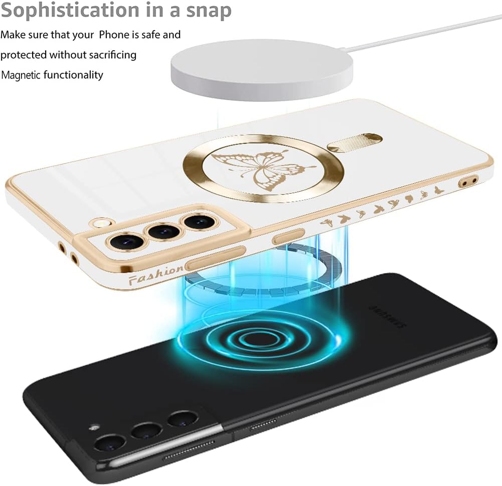 Fiyart Diseñada para Samsung S22, compatible con carga inalámbrica magnética, bonita funda de teléfono con protección de lente de cámara para