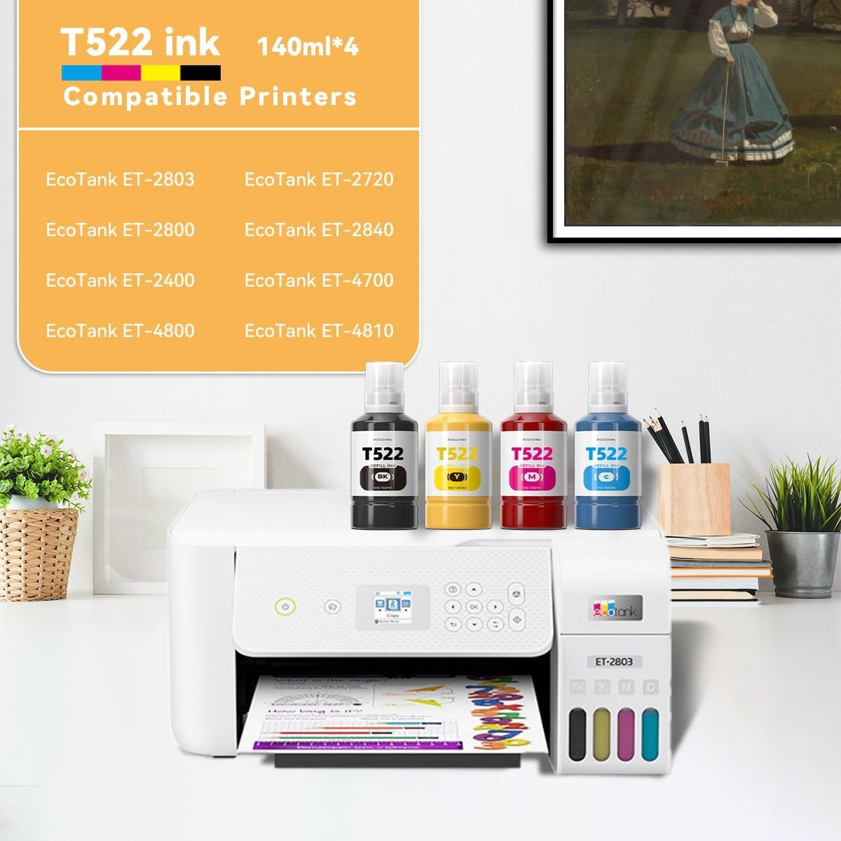 522 botellas de recarga de tinta, repuesto de tinta de repuesto compatible para Epson Ecotank ET-2800 ET-2720 ET-2803 ET-4800 ET-4700, etc.