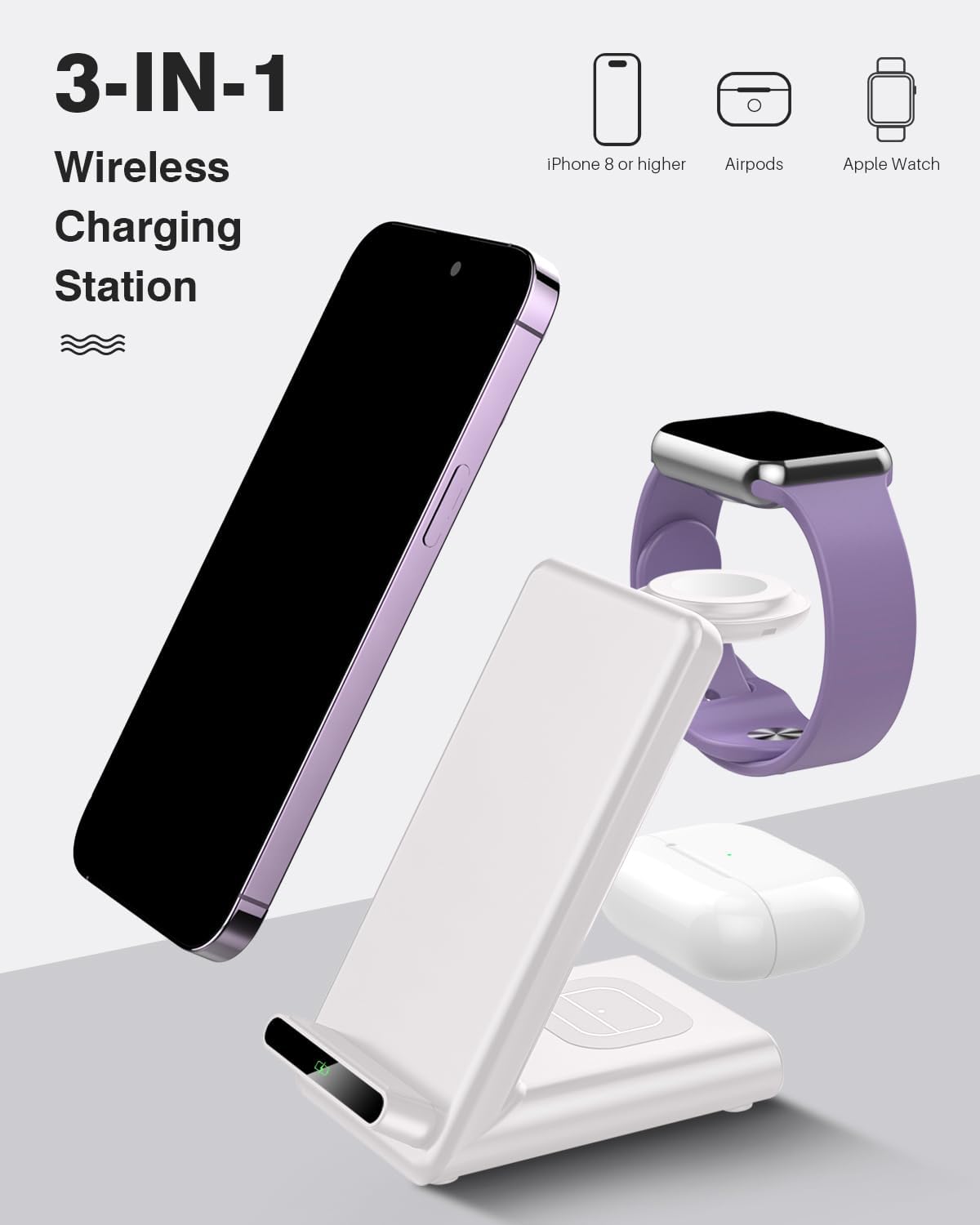 Estación de carga inalámbrica, soporte de carga inalámbrico 3 en 1 hecho para Apple Watch Ultra 9 8 7 6 SE 5 4 3, cargador inalámbrico rápido hecho