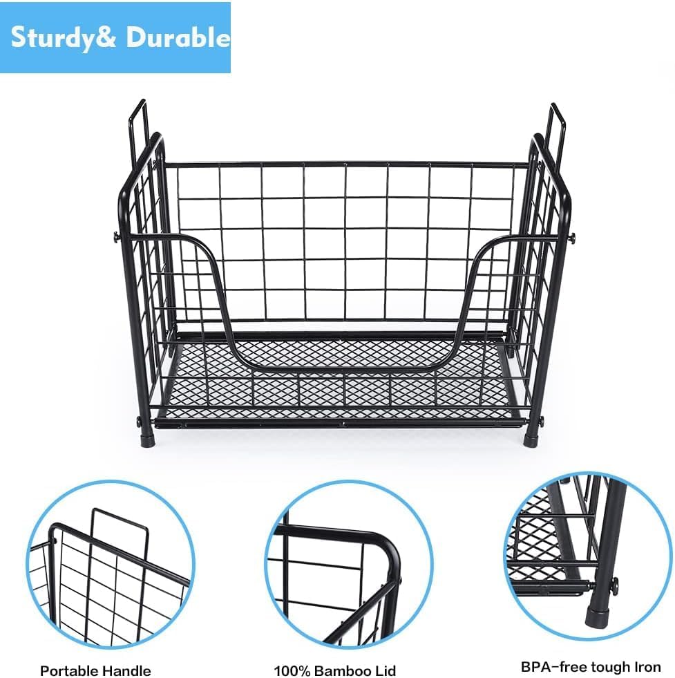 Cesta de frutas, organizador apilable para encimera, cesta de alambre con tapa superior de bambú, cesta de verduras para mostrador, soporte para pan