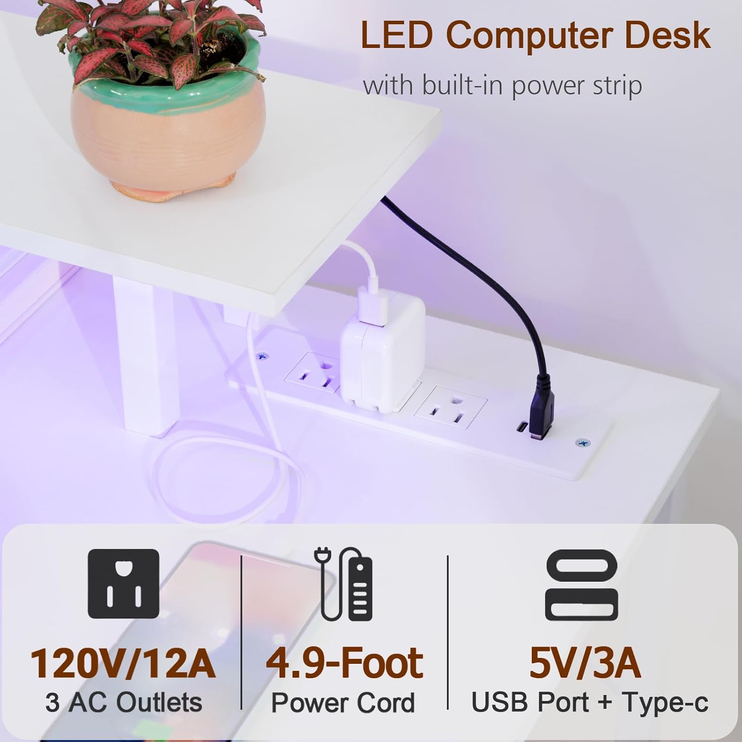 HGD14WT – Escritorio blanco para computadora con luz LED y tomas de corriente, escritorio de juegos de 55 pulgadas con 4 cajones de tela, escritorio