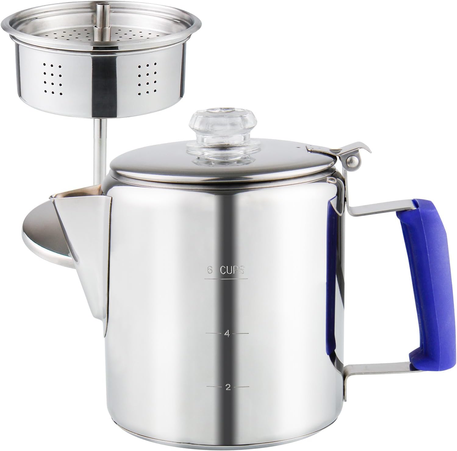 Percolador de café multiusos con perilla de vidrio resistente al calor y mango de gel de sílice azul, cafetera de acero inoxidable para cocina de
