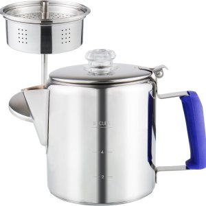 Percolador de café multiusos con perilla de vidrio resistente al calor y mango de gel de sílice azul, cafetera de acero inoxidable para cocina de Percolador de café multiusos con perilla de vidrio resistente al calor y mango de gel de sílice azul, cafetera de acero inoxidable para cocina de