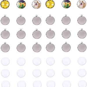 LANBEIDE 50 bandejas colgantes de bisel con 50 azulejos de cúpula de cabujón de vidrio transparente, camafeo transparente para manualidades, LANBEIDE 50 bandejas colgantes de bisel con 50 azulejos de cúpula de cabujón de vidrio transparente, camafeo transparente para manualidades,