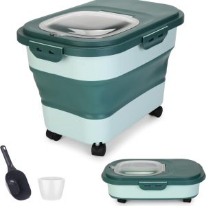 ShineMe Contenedores de almacenamiento de alimentos para mascotas de 20 libras, contenedor plegable de comida para perros con tapa hermética, taza ShineMe Contenedores de almacenamiento de alimentos para mascotas de 20 libras, contenedor plegable de comida para perros con tapa hermética, taza