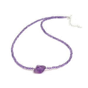 Gempires Amethyst Beaded Choker Necklace with Raw Stone, Amethyst Faceted Beads 2.4-2.5 mm, February Birthstone, 18 inches Adjustable Silver Plated Gempires Amethyst Beaded Choker Necklace with Raw Stone, Amethyst Faceted Beads 2.4-2.5 mm, February Birthstone, 18 inches Adjustable Silver Plated