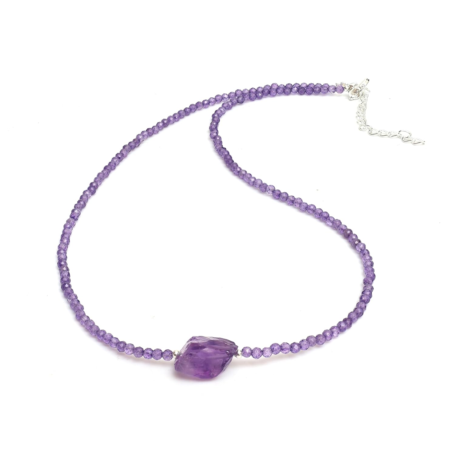 Gempires Amethyst Beaded Choker Necklace with Raw Stone, Amethyst Faceted Beads 2.4-2.5 mm, February Birthstone, 18 inches Adjustable Silver Plated
