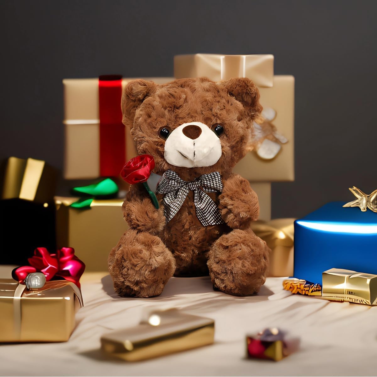 Evlooe Oso de peluche para el día de San Valentín, lindo oso de peluche de 9.8 pulgadas con rosa, suave, pequeño, regalo para novia novio (marrón)