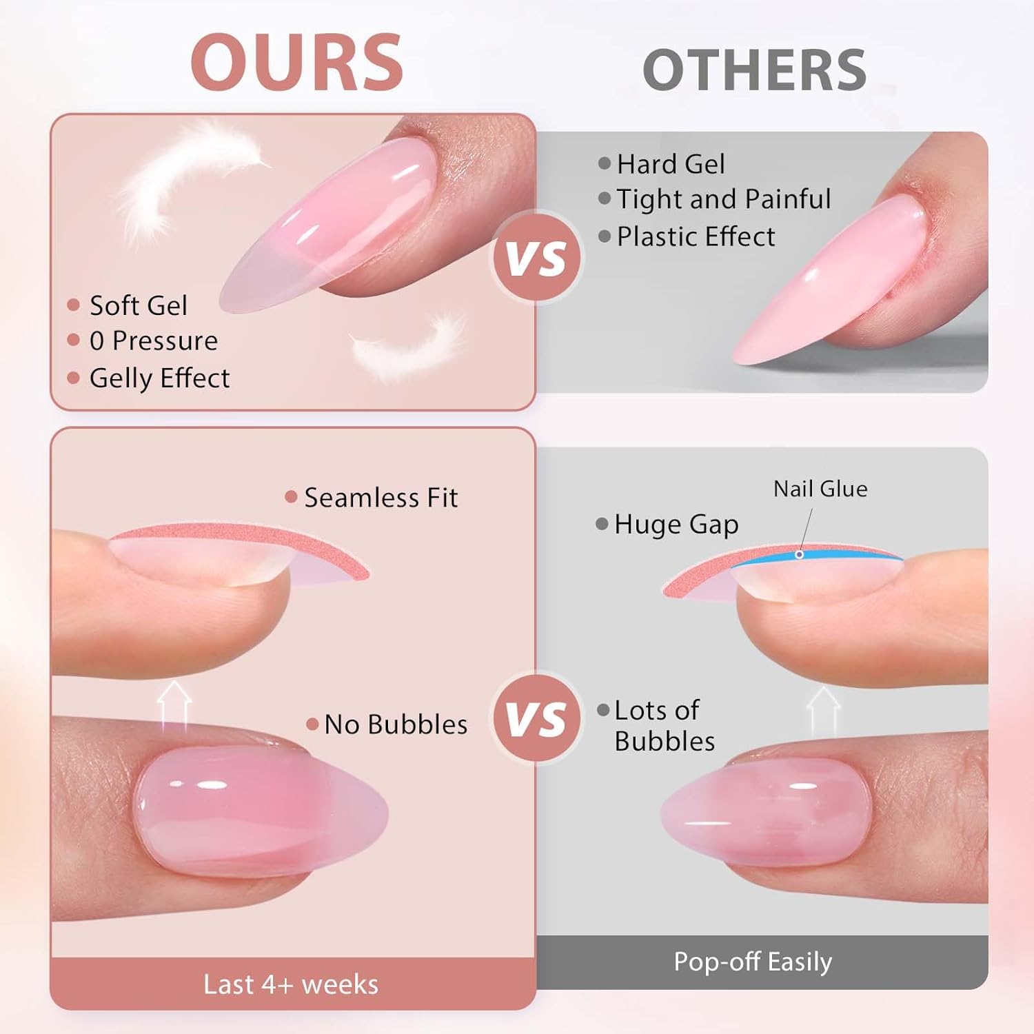 BTArtbox Puntas de uñas de gel cuadradas largas, uñas postizas a presión, 600 unidades, 5 colores, XCOATTIPS naturales con punta preaplicada,