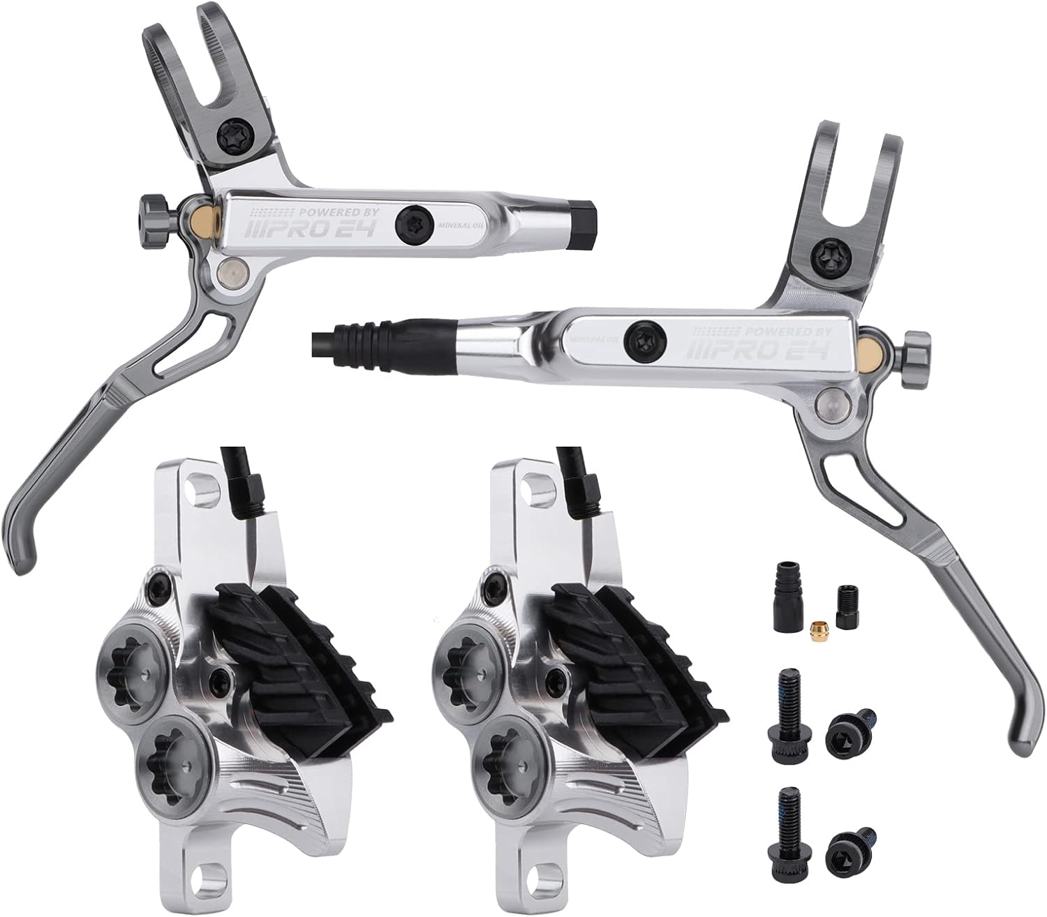 JFOYH Juego de frenos de disco hidráulico E4 MTB de 4 pistones mejorados con pastillas de metal de refrigeración para bicicleta de montaña