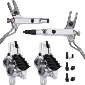 JFOYH Juego de frenos de disco hidráulico E4 MTB de 4 pistones mejorados con pastillas de metal de refrigeración para bicicleta de montaña JFOYH Juego de frenos de disco hidráulico E4 MTB de 4 pistones mejorados con pastillas de metal de refrigeración para bicicleta de montaña