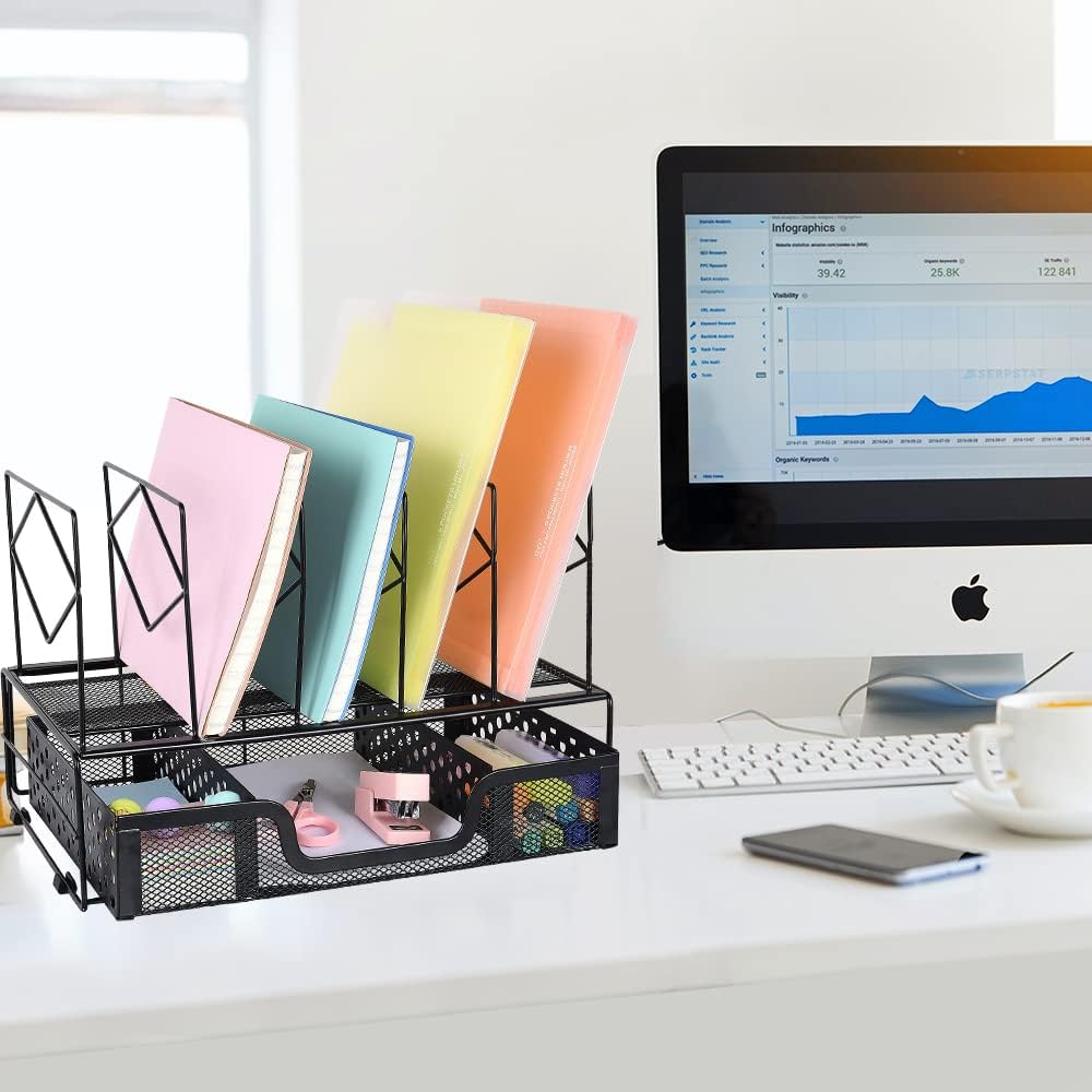 Spacrea Organizadores de escritorio y accesorios, organizador de archivos con 5 secciones verticales + cajón deslizante, organización y