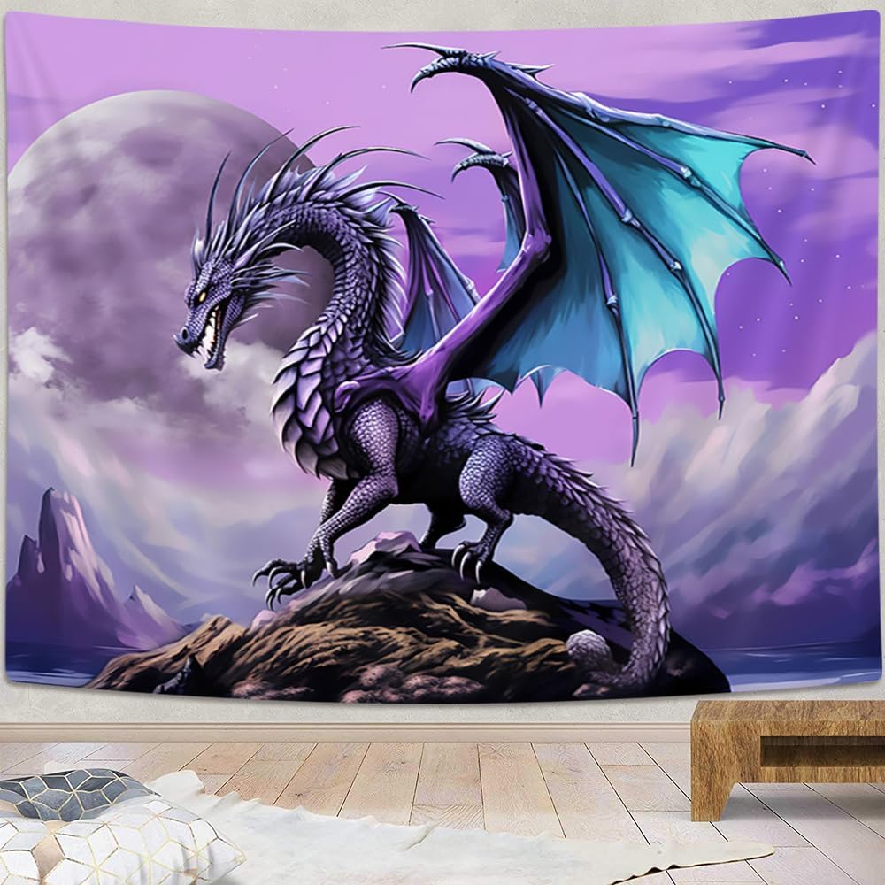 Tapiz de dragón púrpura Trippy, diseño de dragón psicodélico de la luna gótica anime en la montaña hippie Art Tapiz para dormitorio estético, tapiz
