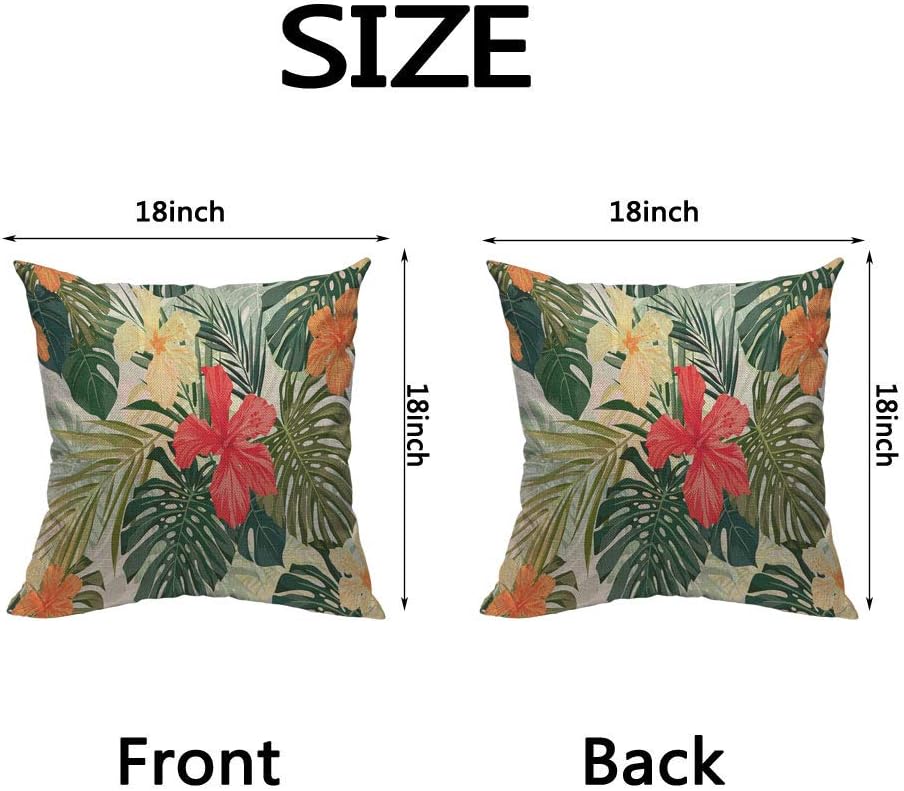 HOSNYE Funda de cojín de flores de hibisco, coloridas plantas tropicales hawaianas, hojas de palmera, algodón y lino para sofá, cama, sofá,