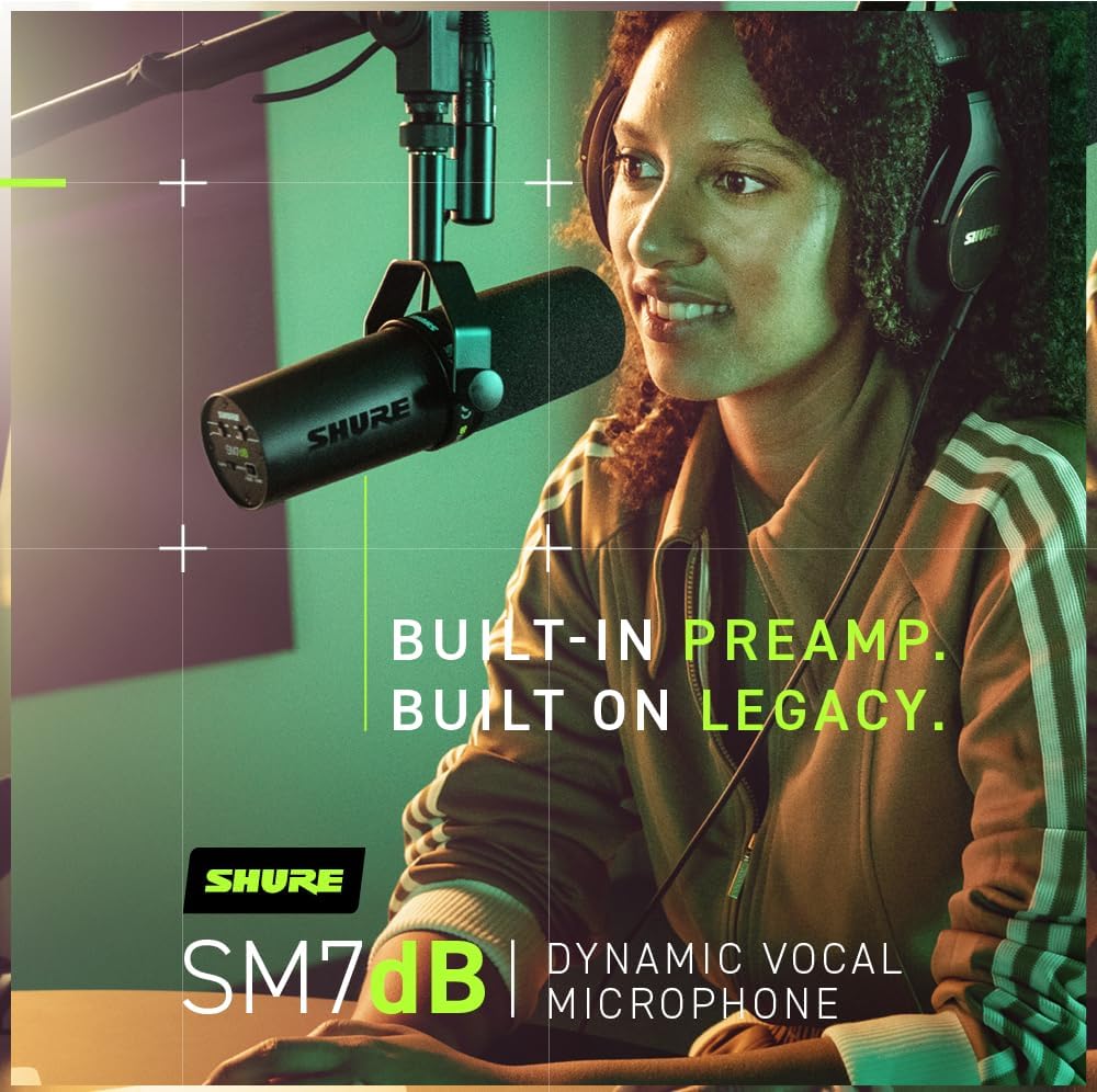 Shure SM7dB Micrófono vocal dinámico con preamplificador integrado para transmisión, podcast y grabación, frecuencia de amplio alcance, sonido
