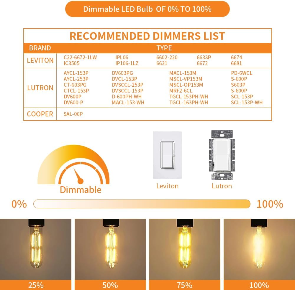 Bombillas LED T10 de color blanco cálido 3000 K, de vidrio transparente, bombilla Edison tubular, regulable, E26, 6 W, igual a 60 W, bombillas