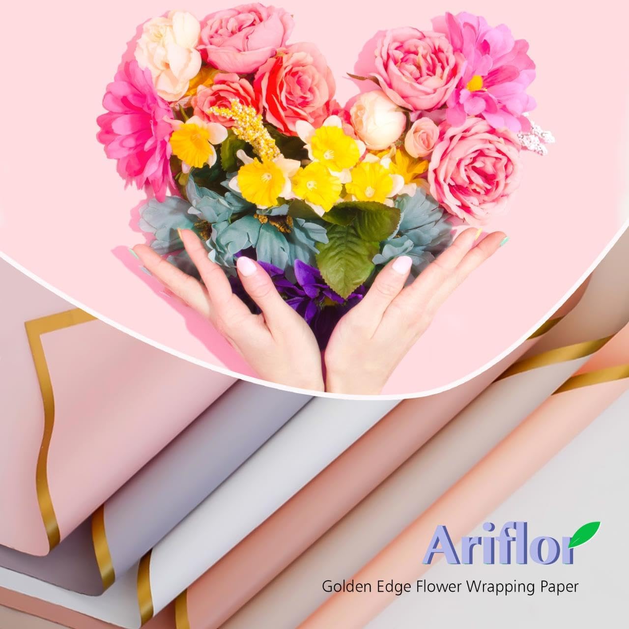 ARIFLOR 20 hojas de papel de ramo de flores impermeables con borde dorado, 20408, papel de regalo de Navidad, embalaje de regalo, manualidades de