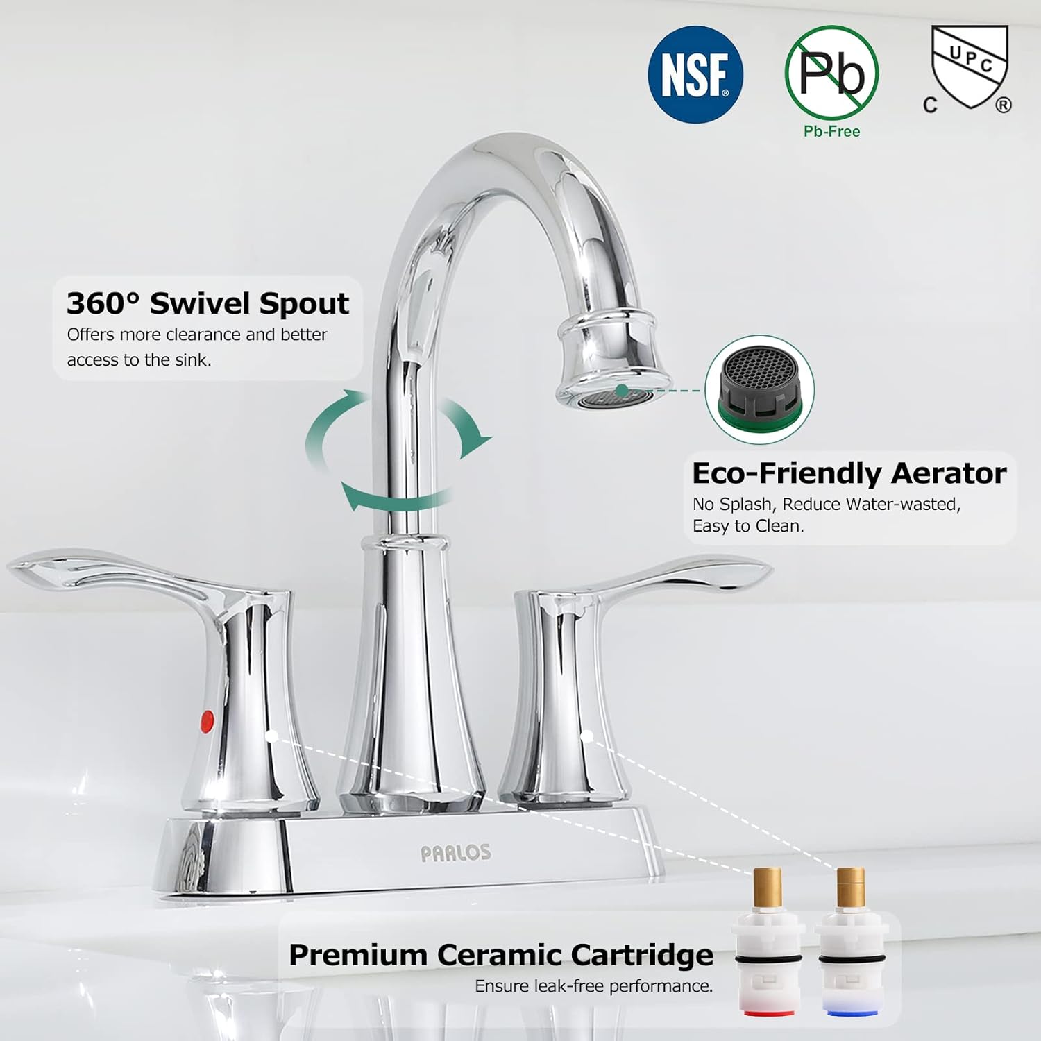 PARLOS Caño giratorio Grifo de lavabo de baño de 2 manijas con drenaje emergente de metal y líneas de suministro de grifo, cromo, Demeter 1362701