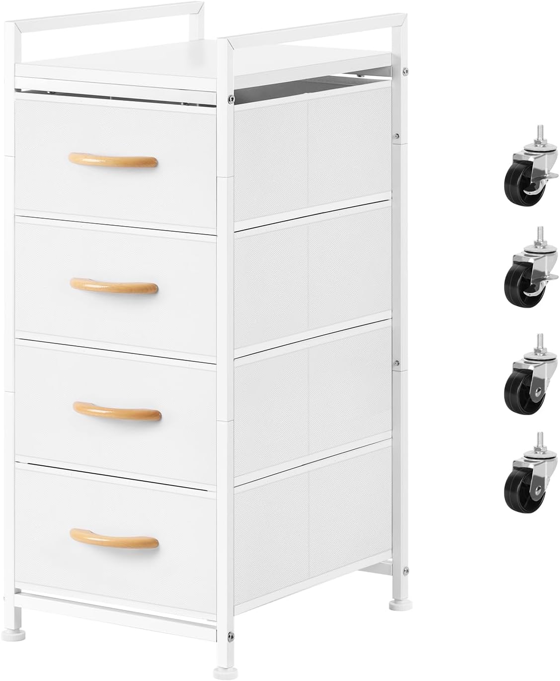 Cómoda de tela para dormitorio, 4 cajones con tablero de madera, organizador de almacenamiento vertical con ruedas, cajoneras para armario, sala de