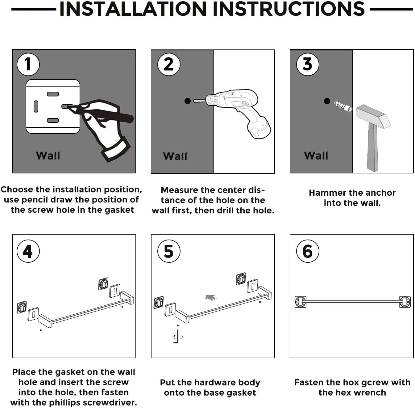 Toalleros para baño, juego de 4 piezas de accesorios de baño negro mate SUS304 de acero inoxidable montado en la pared, incluye toallero individual