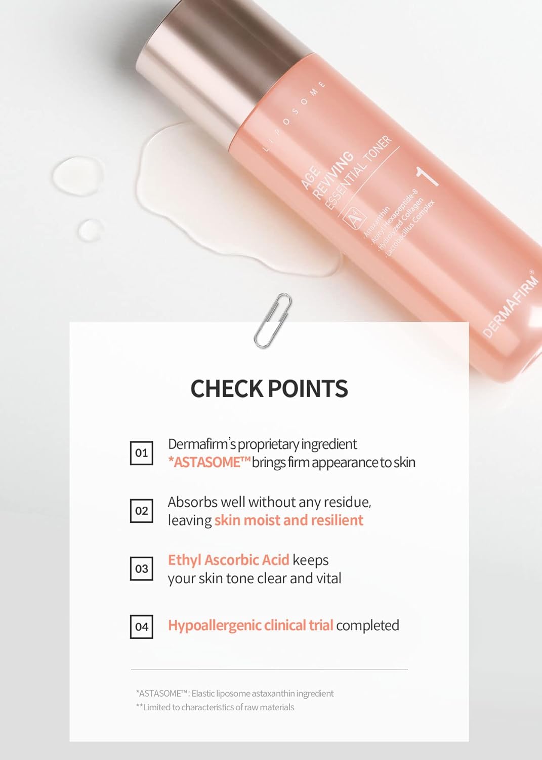 DERMAFIRM Tónico hidratante esencial A4 que revive la edad temprana  Tónico facial reafirmante de poros con colágeno, astasoma y péptido para todo