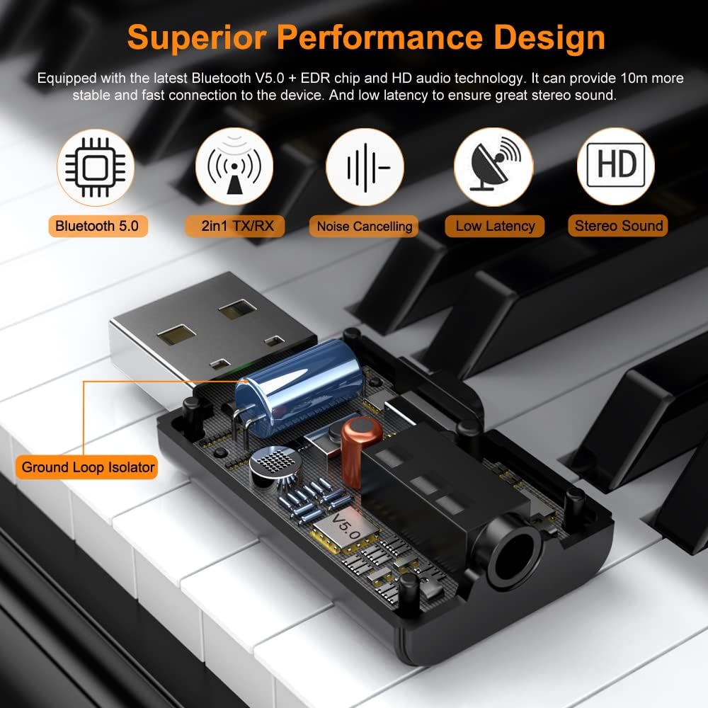 KINDRM – Transmisor receptor auxiliar Bluetooth V5.0, adaptador de audio inalámbrico de baja latencia 2 en 1 alimentado por USB para PC, TV,