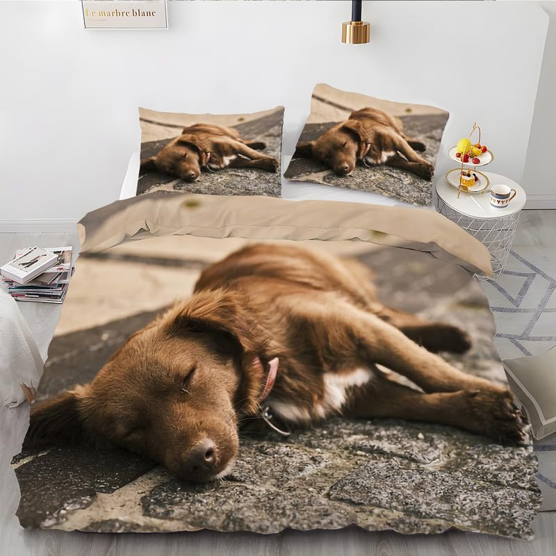 Brown Puppy King Duvet Cover Animal Print King Bedding Set Soft Microfiber Comforter Cover and 2 Pillow Shams 20″X36″, Bed Set Duvet Covers with