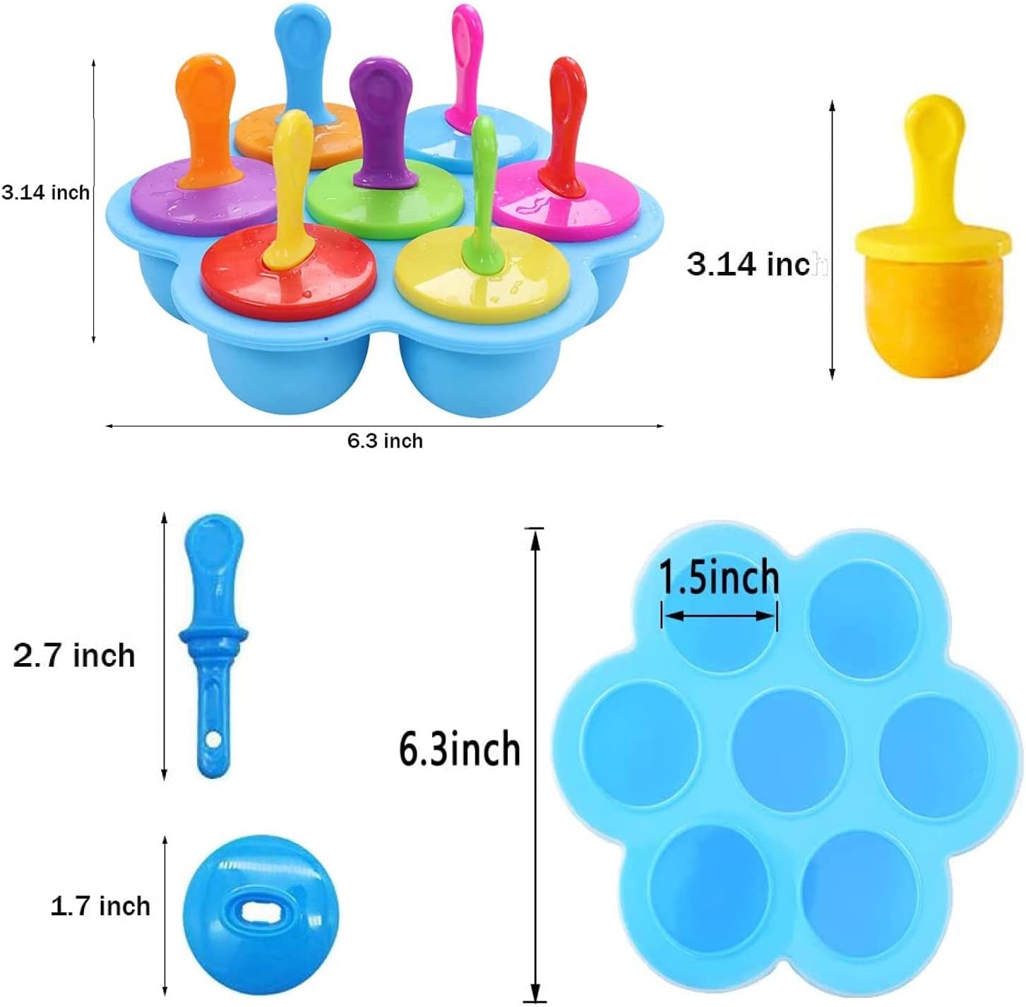 Moldes de silicona para paletas, mini molde para paletas de hielo de 7 cavidades con palos coloridos y protectores de goteo, contenedor de