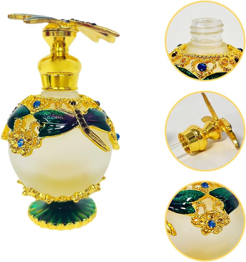 MEHOFOND Botella de perfume vintage de libélula de 0.8 fl oz, botellas decorativas de vidrio rellenables, botellas de perfume de vidrio vacías para