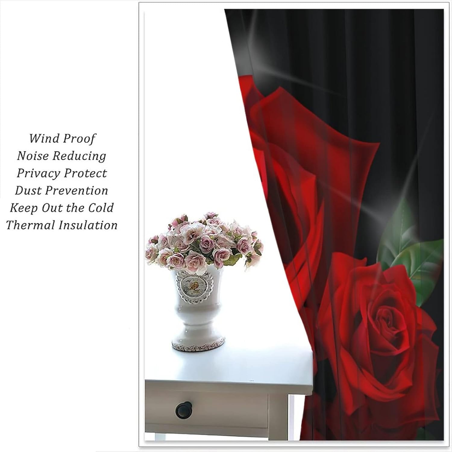 Cortinas de rosas rojas, con estampado romántico de rosas de San Valentín, color rojo burdeos y negro, para mujeres y niñas, decoración del hogar, 2