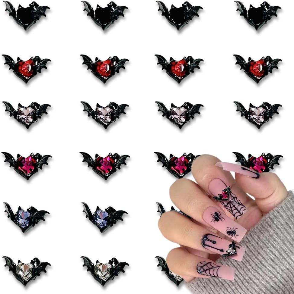 Dijes de uñas 3D de aleación plateada Y2K de 0.31 x 0.55 pulgadas, dijes de uñas de murciélago oscuro para uñas acrílicas, suministros de uñas para