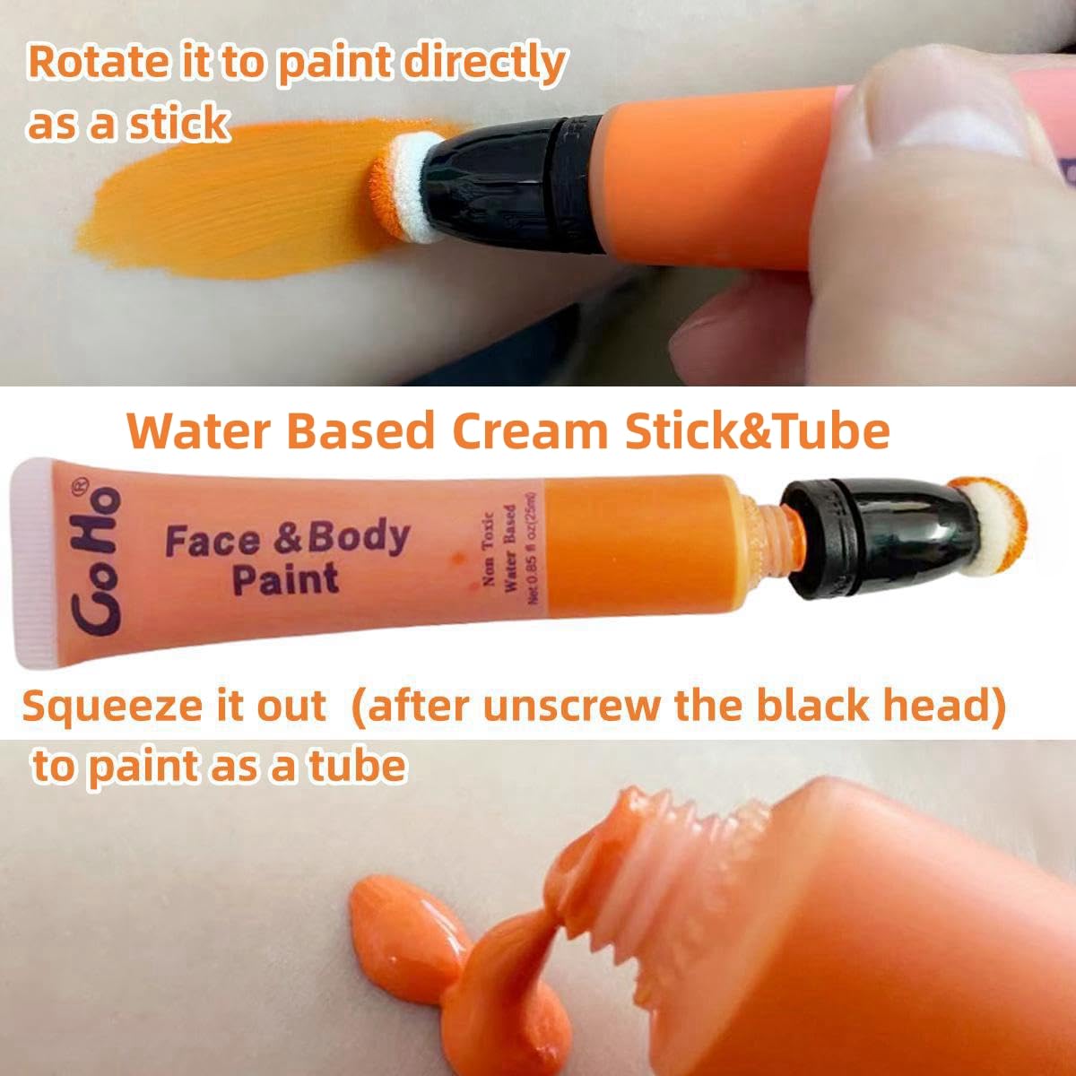 Go Ho Barra de pintura facial en blanco y negro, crema a base de agua, lavable, varita de pintura facial blanca y negra con aplicador de cojín,
