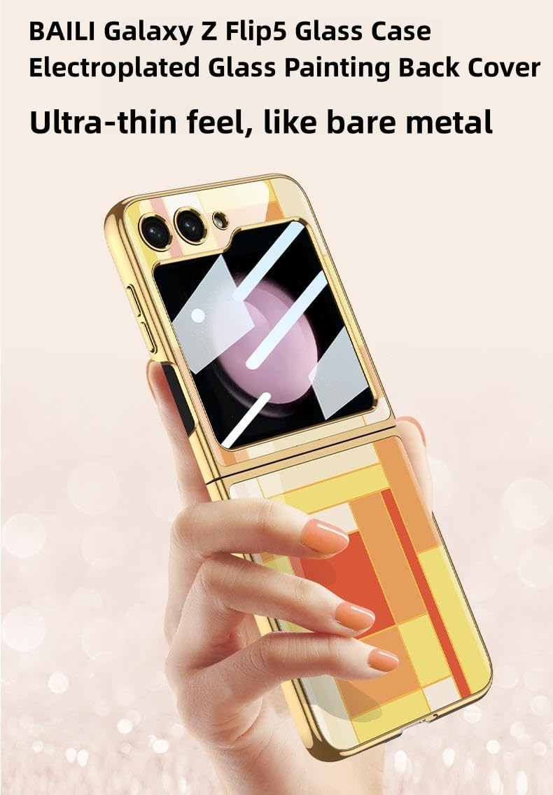 BAILI Funda Z Flip5, cubierta ultrafina de vidrio templado 9H, pintura de color galvanizado Galaxy Z Flip 5, diseño de mármol de lujo de moda con
