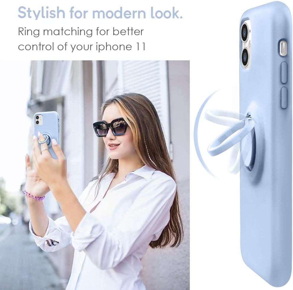 MOCCA – Funda con soporte de anillo, forro de microfibra supersuave, amortiguadora, de silicona líquida y antiarañazos para iPhone 11, azul claro