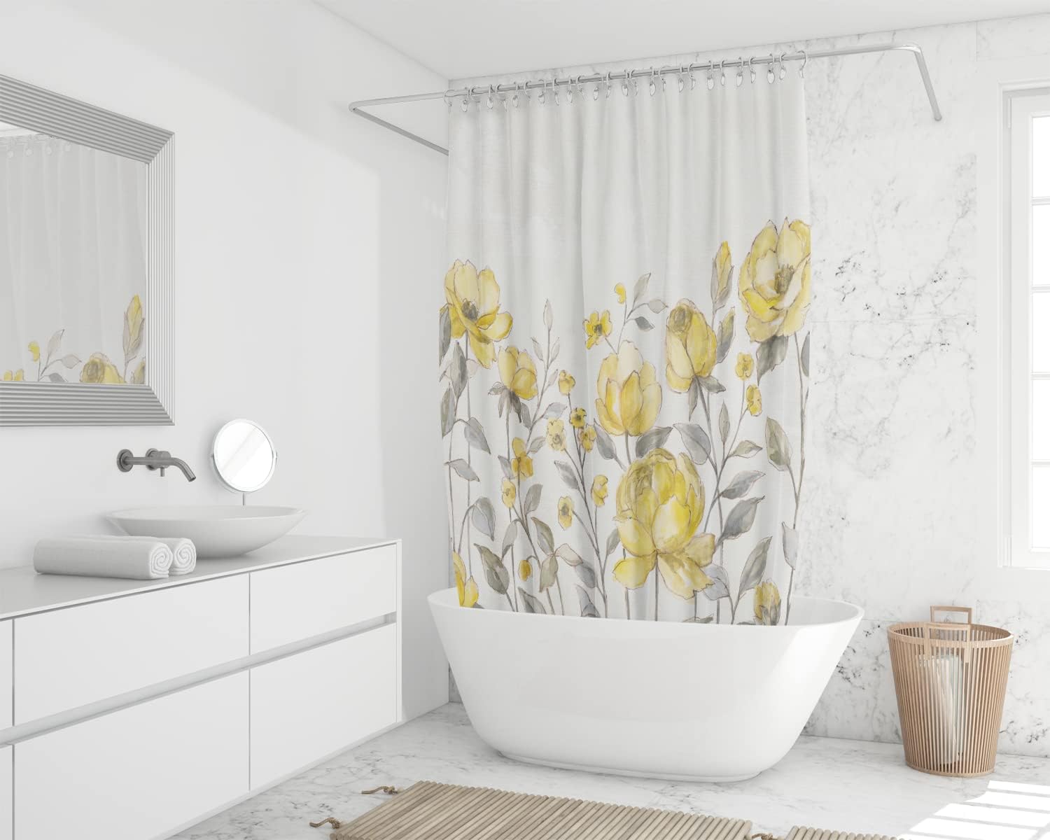 Cortina de ducha para baño, diseño floral de flores blancas y amarillas, cortina de ducha impermeable amarilla y gris, estilo moderno, 72 x 72