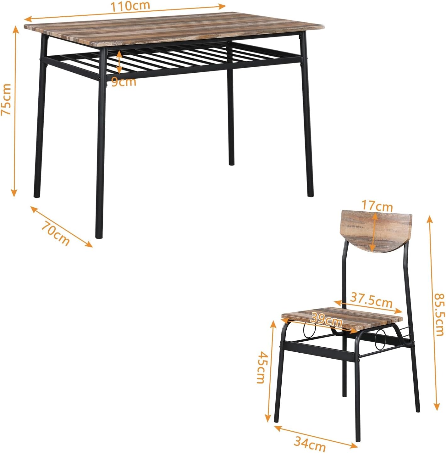 KEPOOMAN Juego de mesa de comedor de 5 piezas, mesa de cocina de metal y madera con estante de almacenamiento y 4 sillas, sillas de cocina