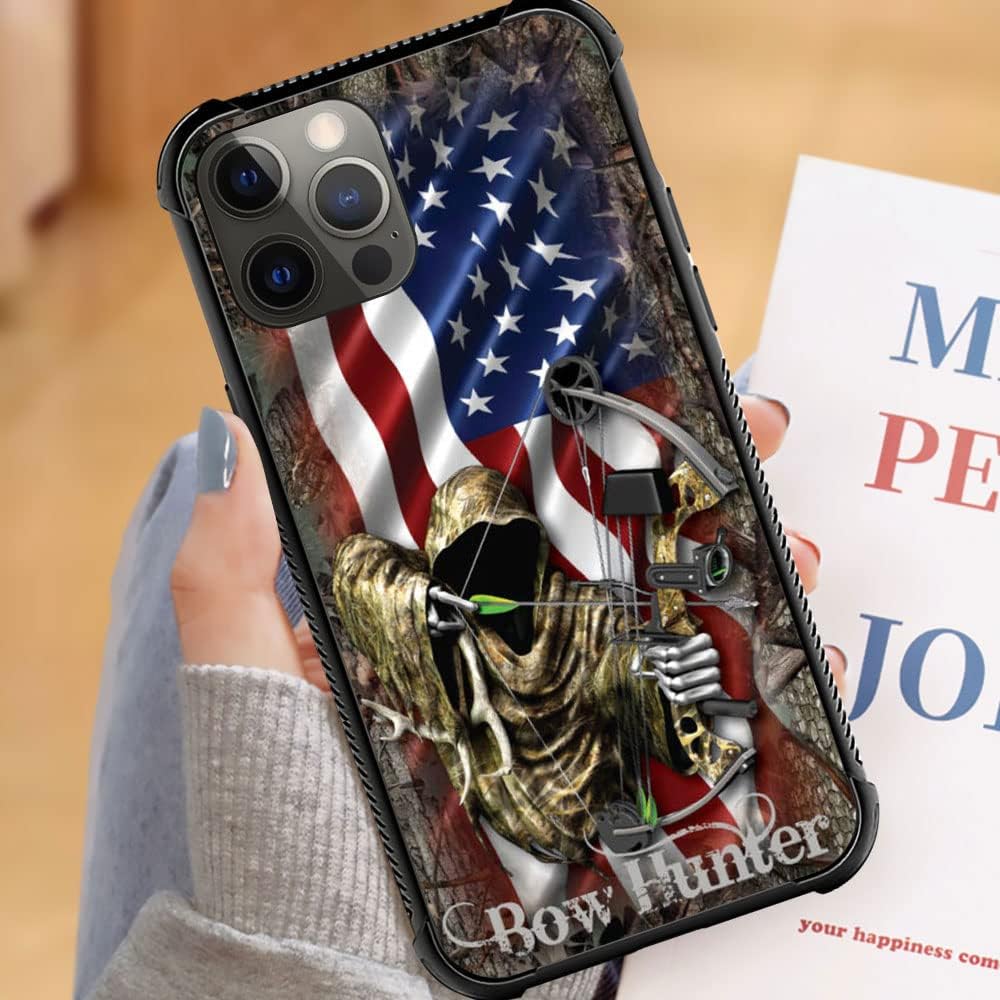 Funda compatible con iPhone 13 Pro Max, funda protectora de camuflaje con bandera estadounidense Bow Hunter para iPhone 13 Pro Max, funda protectora