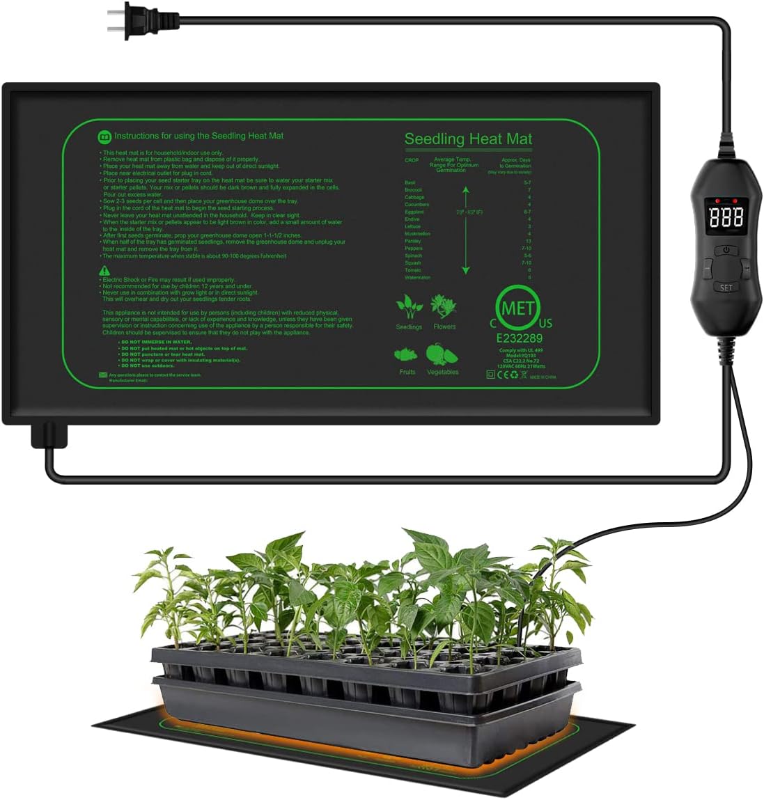 Alfombrilla térmica de plántulas con termostato digital, almohadilla térmica impermeable de 10 x 20.75 pulgadas para germinación hidropónica de