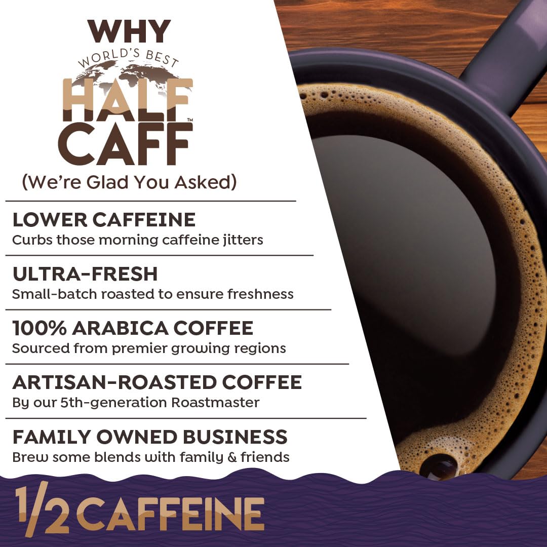 World’s Best Half Caff Café tostado expreso de 18 quilates, cápsulas de café de tostado oscuro reciclables producidas por energía solar, 100% café