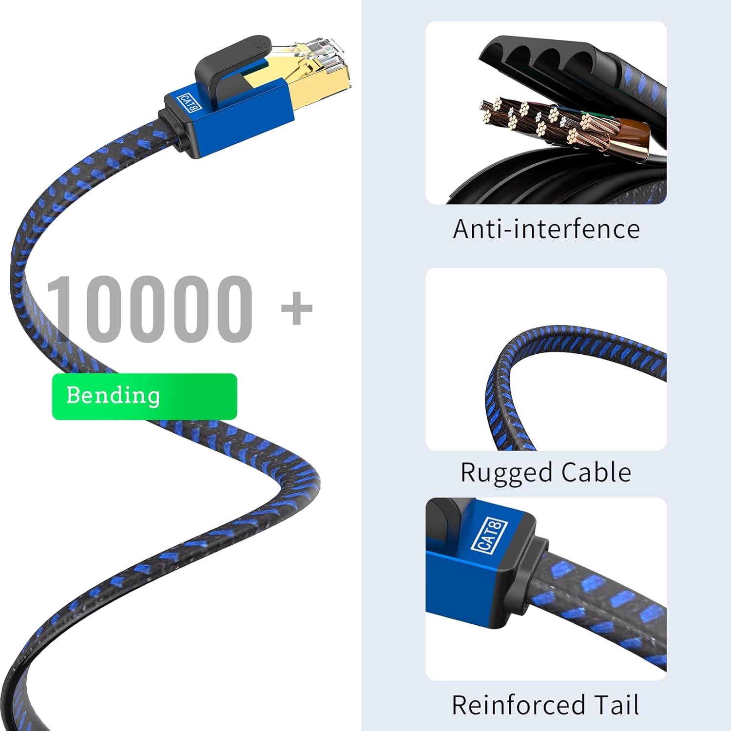 Cable Ethernet Cat 8 de 20 pies de alta velocidad, cable de red trenzado de nailon, conectores RJ45, cable LAN plano blindado SSTP, cables Ethernet