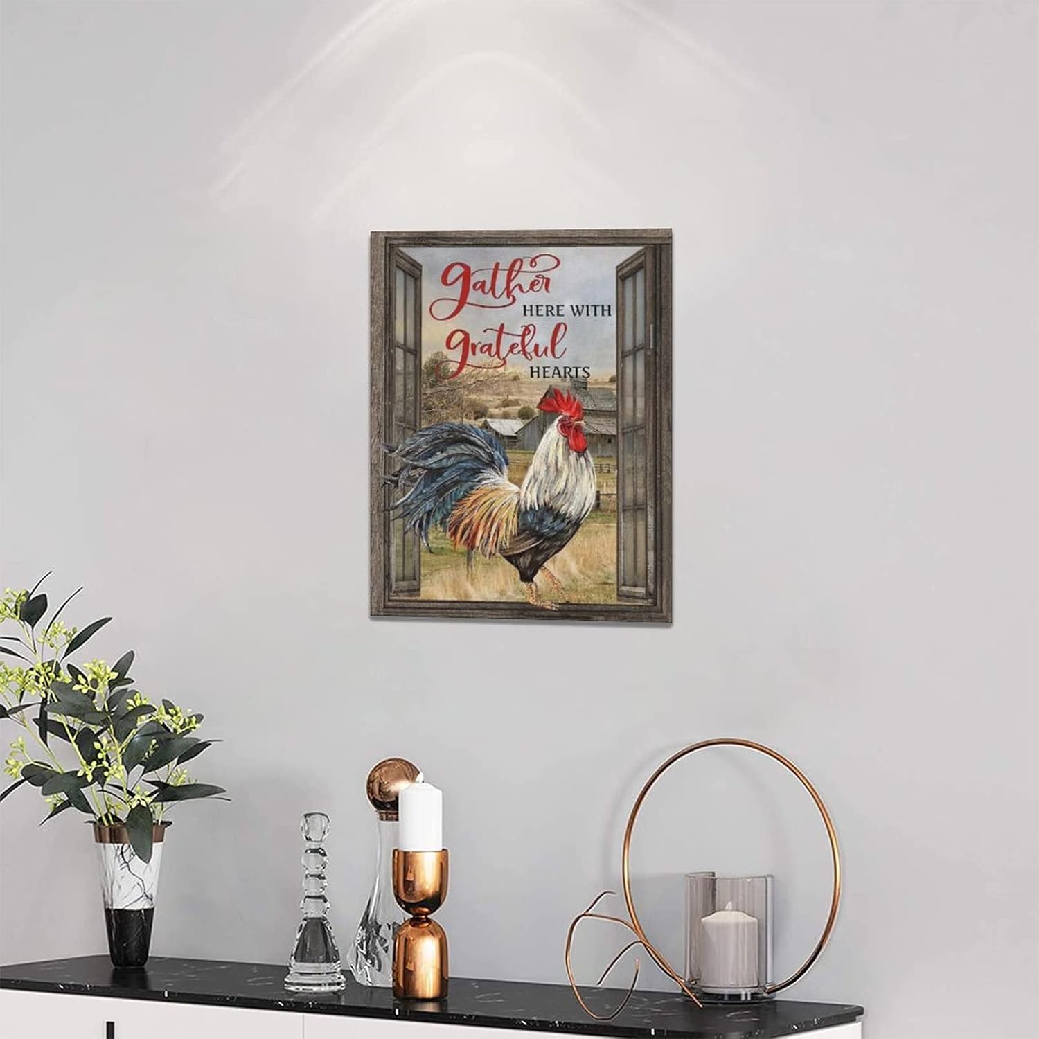 Arte de pared de gallo para cocina, cuadros de gallo de granja, decoración de pared rústica Chiken, impresiones de pintura rústica enmarcada para