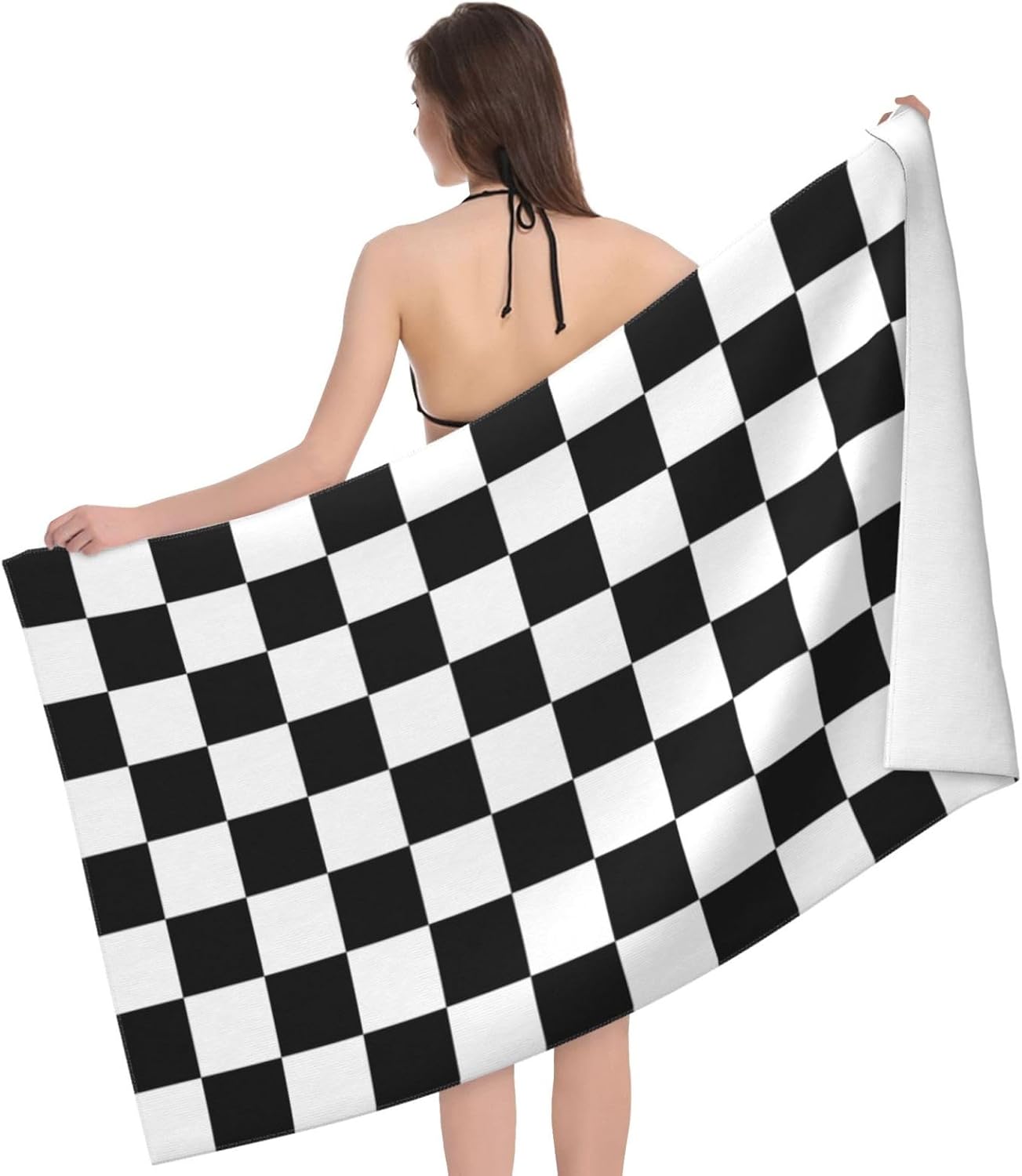 Toalla de playa a cuadros en blanco y negro, grande, suave, absorbente, de secado rápido, toallas de baño de gran tamaño para baño, mujeres,