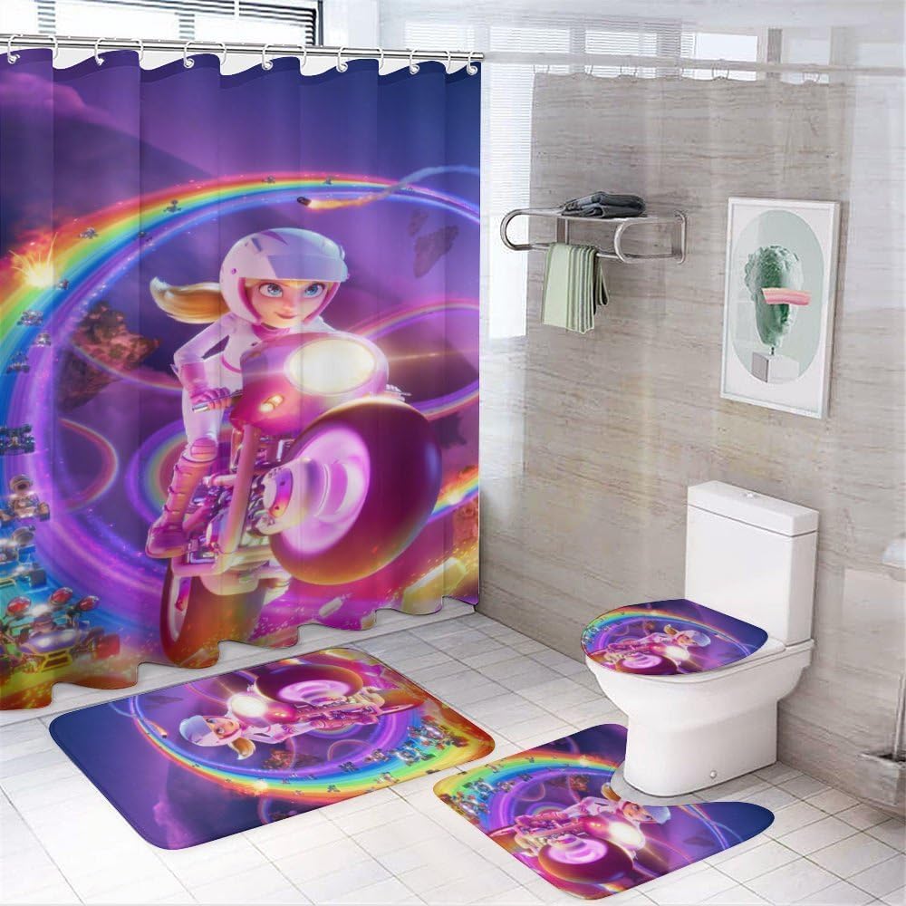 Juego de cortina de ducha de juego de dibujos animados con alfombra antideslizante, cubierta de tapa de inodoro, tapete de baño, juego de baño